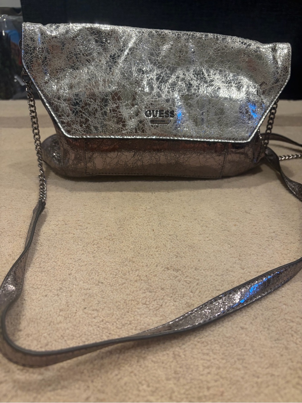GUESS Crackle Metallic Silver Flap Crossbody Bag